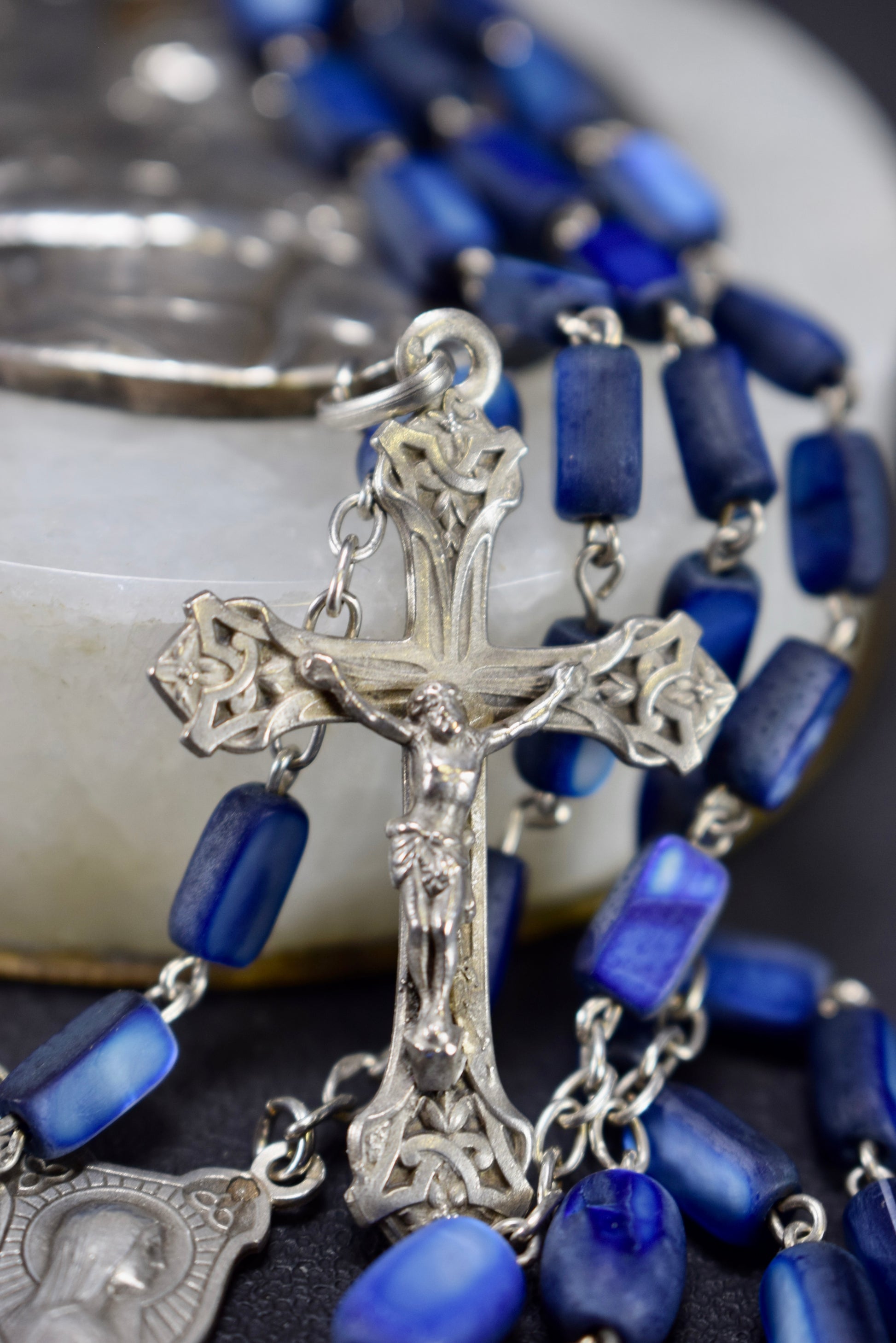 French Sterling Silver Blue Beads Rosary Art Nouveau