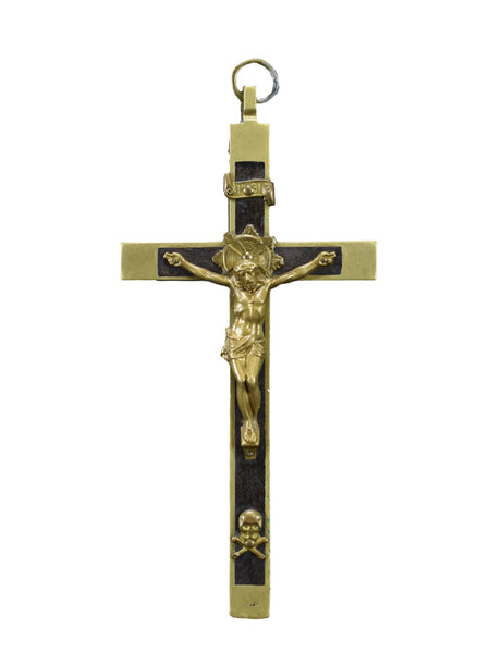 5" Bronze Ebony Inlay Nun's Pectoral Wall Cross Crucifix Skull Crossbones