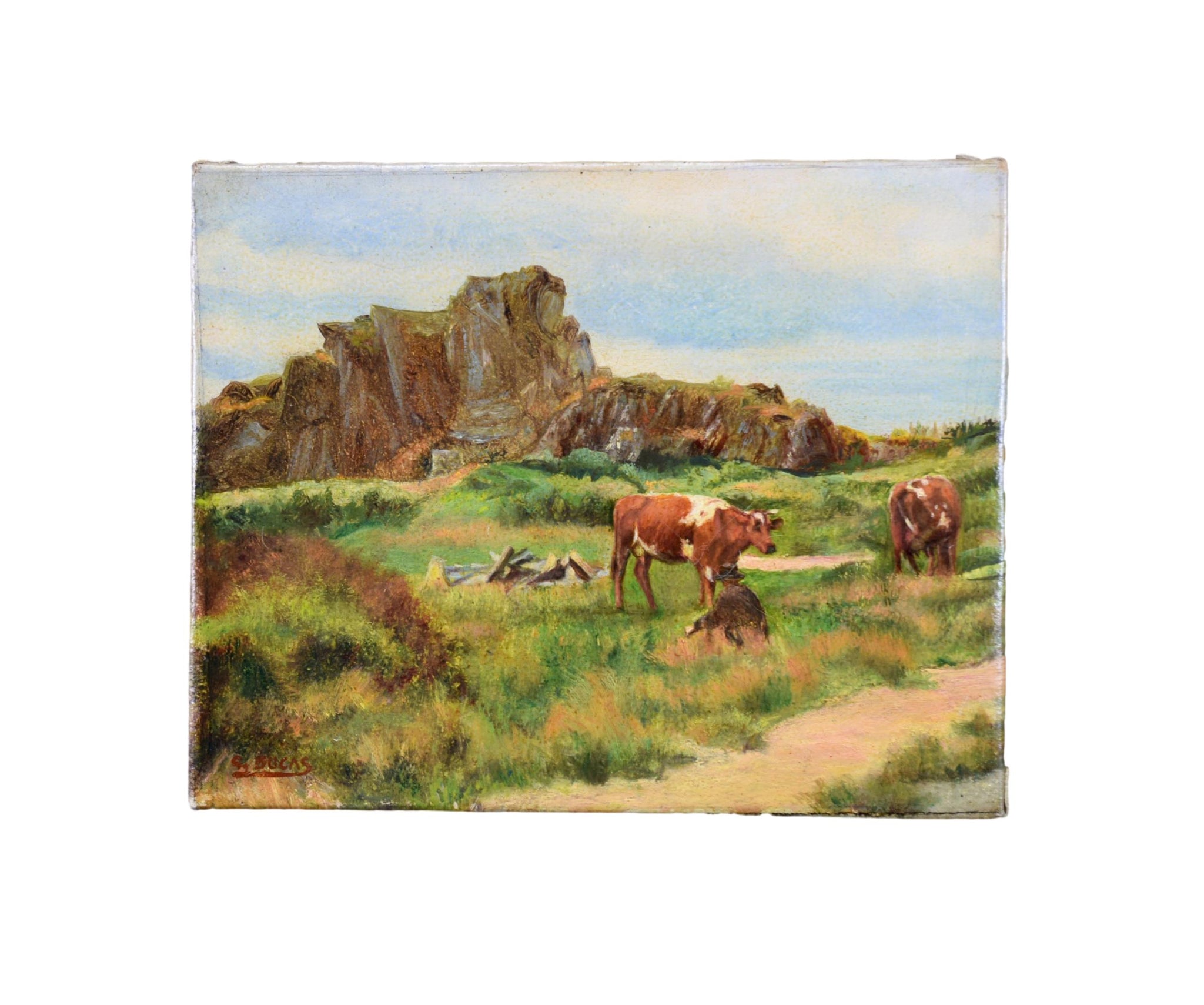 Vintage Oil Painting On Canvas Cows Mountain French School