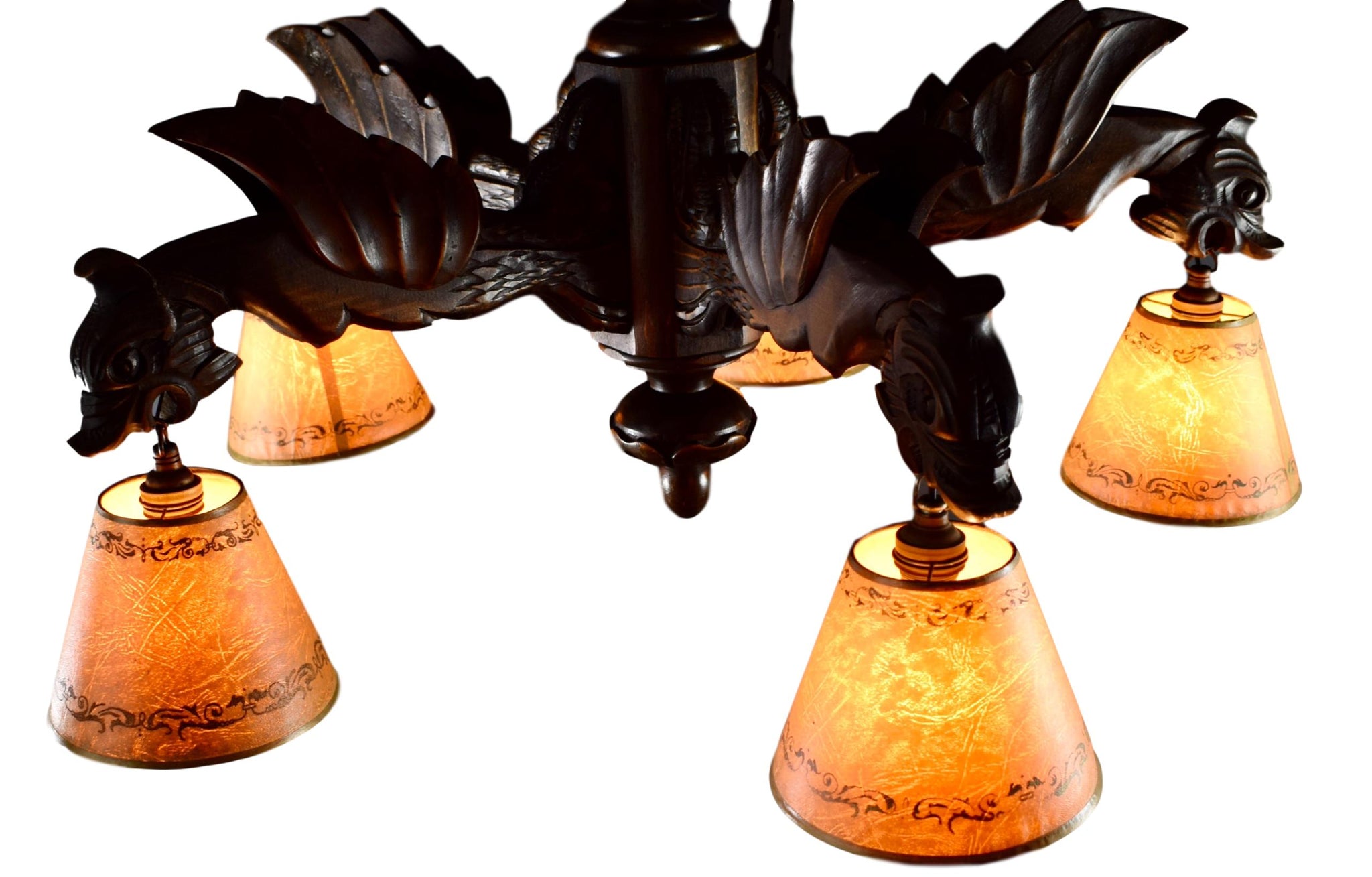 French Gothic Hand Carved Wood Large Chandelier - Victorian Ceiling Light - Griffin Dragon 5 Lights - Black Forest Antique Chandelier