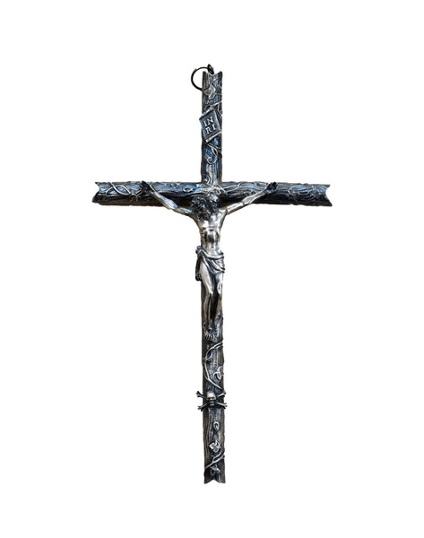 Sterling Silver Wall Crucifix, 11" Jesus Christ on the Cross, Skull Cross Bones