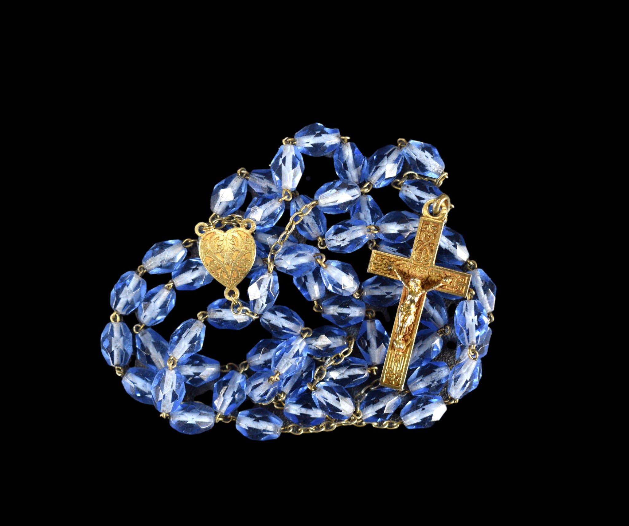Art Nouveau Blue Oval Faceted Beads Gold Rosary