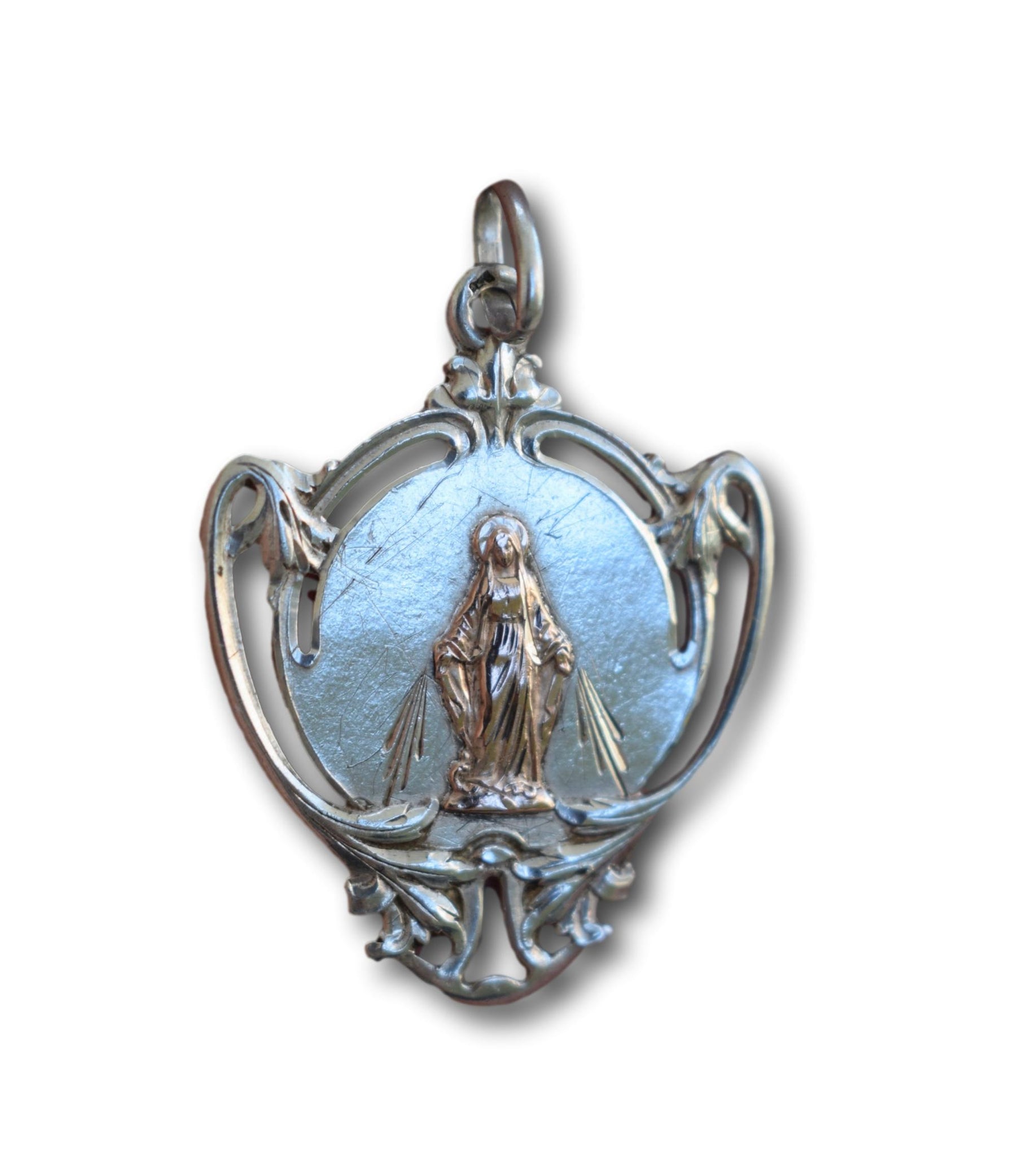 Art Nouveau Sterling Silver Medal Virgin Mary Pendant Gold