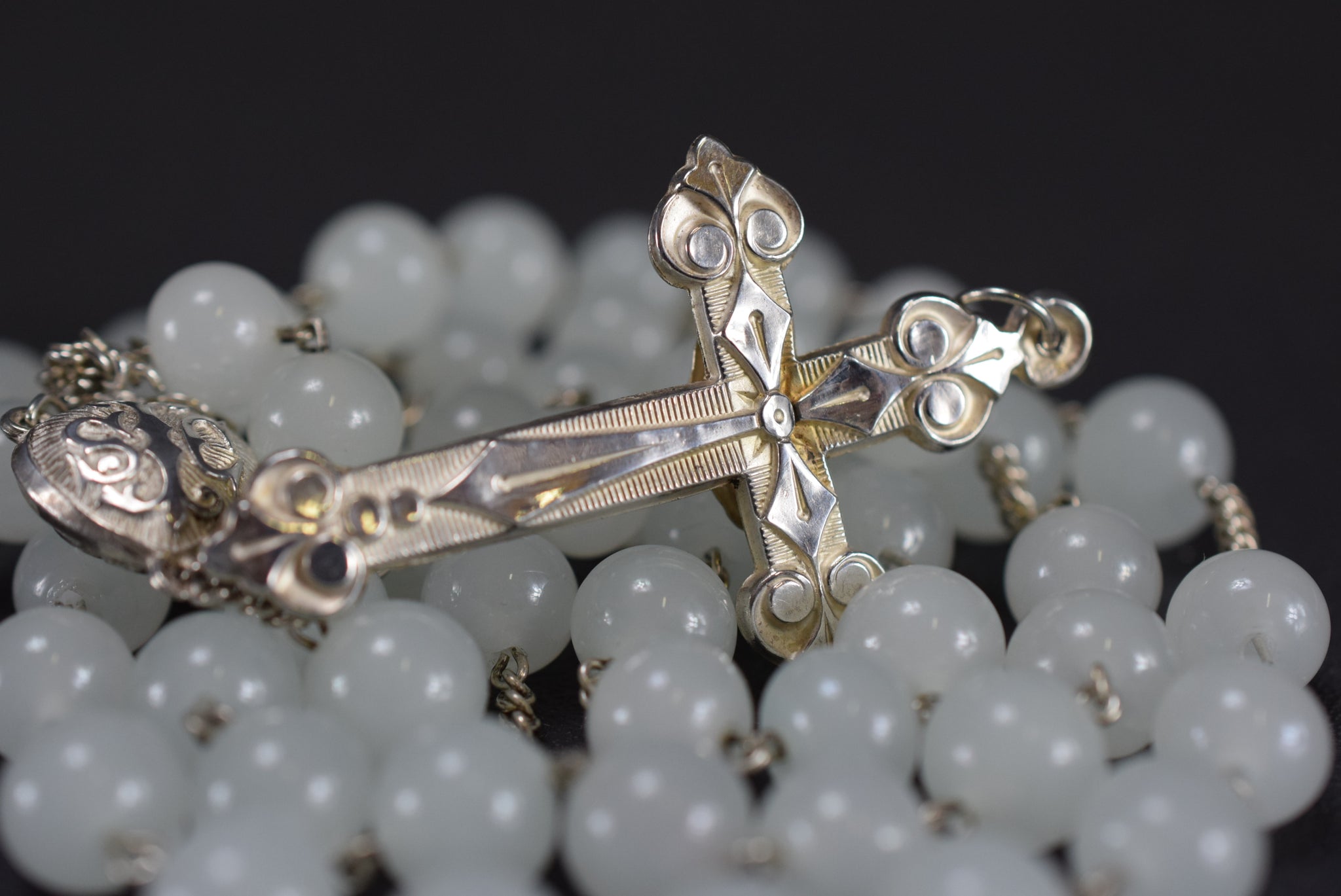 Antique French Sterling Silver White Opaline Glass Rosary