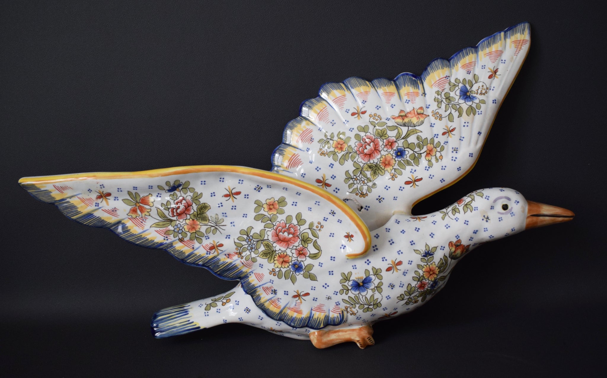 Rare Pair of Gooses Wall Pocket French Antique Hand Painted Desvres Fourmaintraux Rouen Decor - Majolica Figural Flower Wall Vases