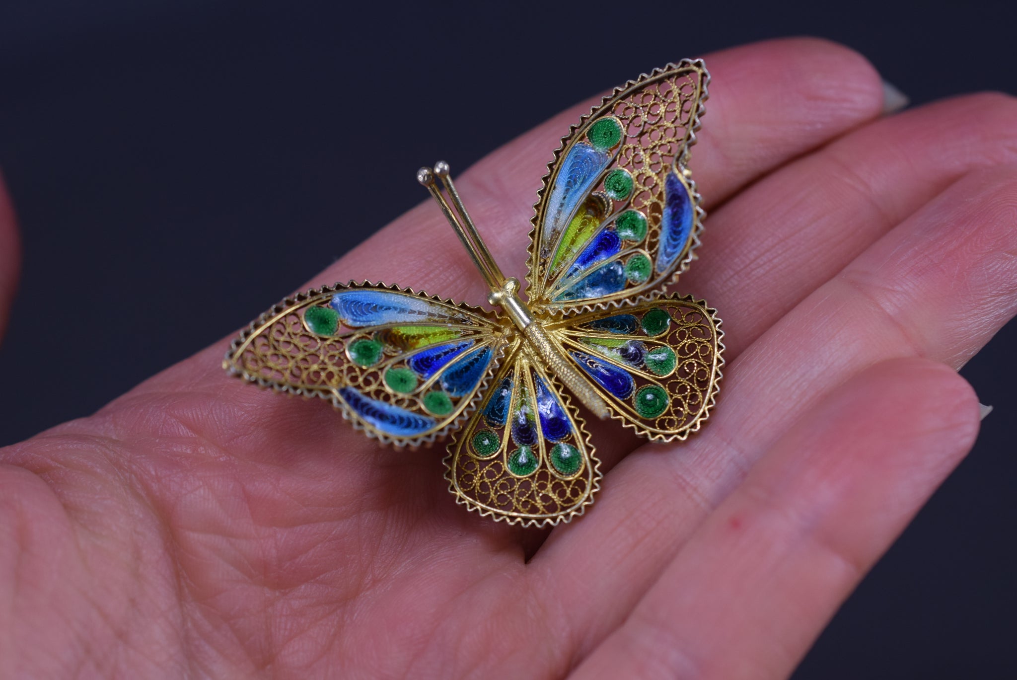 Enamel Filigree Silver Butterfly Brooch