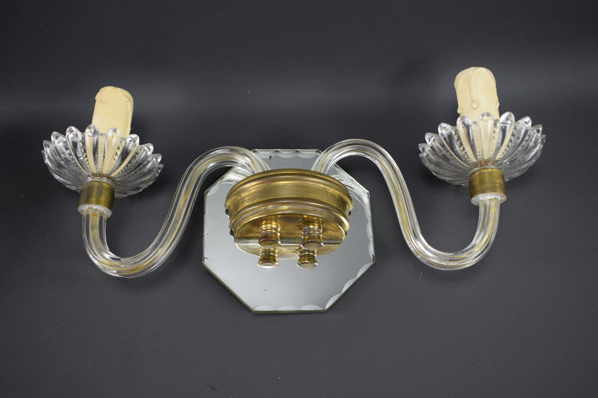 Italian Vintage Pair of Glass & Brass Wall Sconces - Mirror Wall Chandelier - Venetian Style