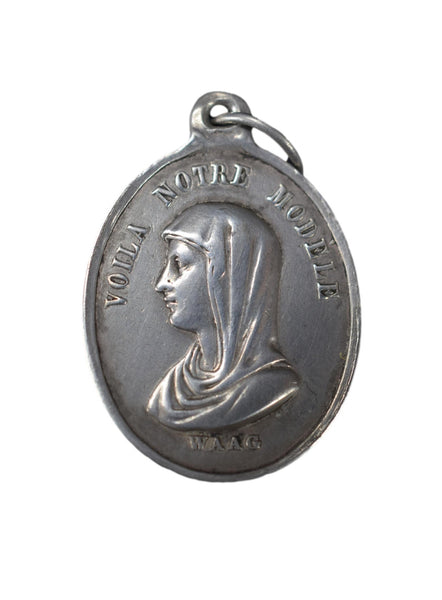 French 19C Silver Virgin Mary and Angel Medal Vachette Waag