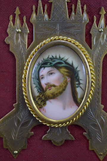 French Religious Holy Face of Jesus Painting Holy Water Font  19th.c