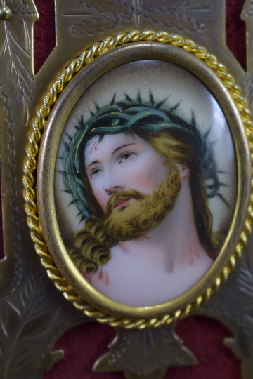 French Religious Holy Face of Jesus Painting Holy Water Font  19th.c