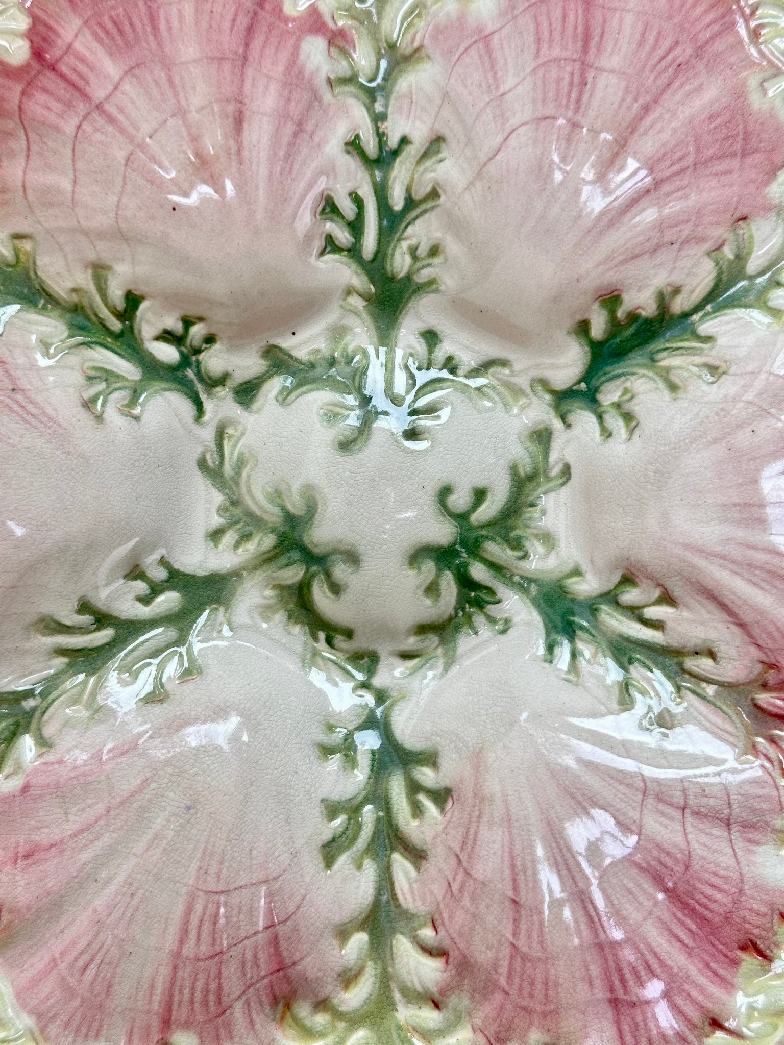 Majolica Oyster Plate Green Seaweed and Pink Shell Plate St Clement Keller Guerin