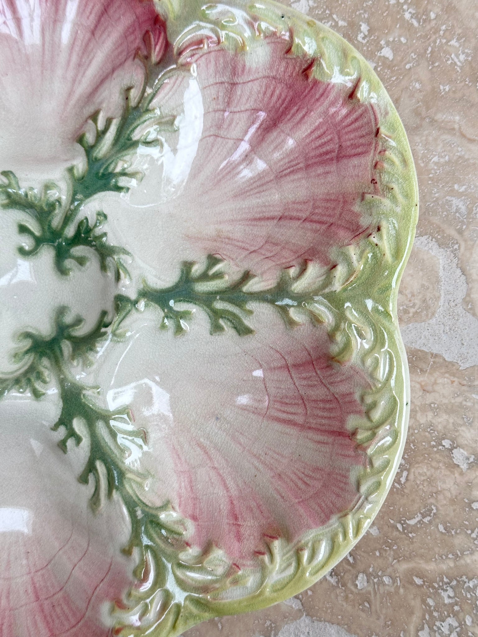 Majolica Oyster Plate Green Seaweed and Pink Shell Plate St Clement Keller Guerin