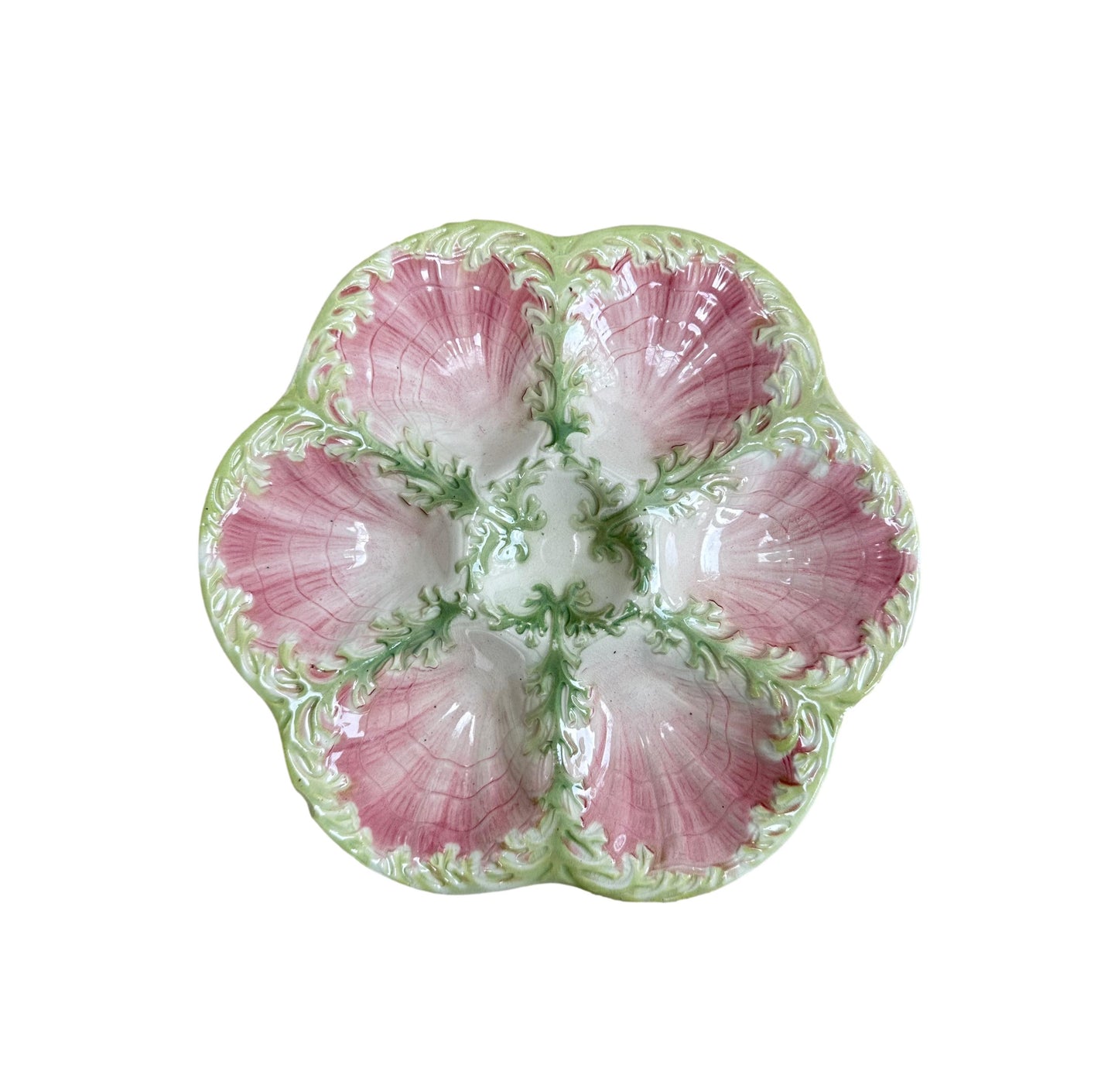 Majolica Oyster Plate Green Seaweed and Pink Shell Plate St Clement Keller Guerin