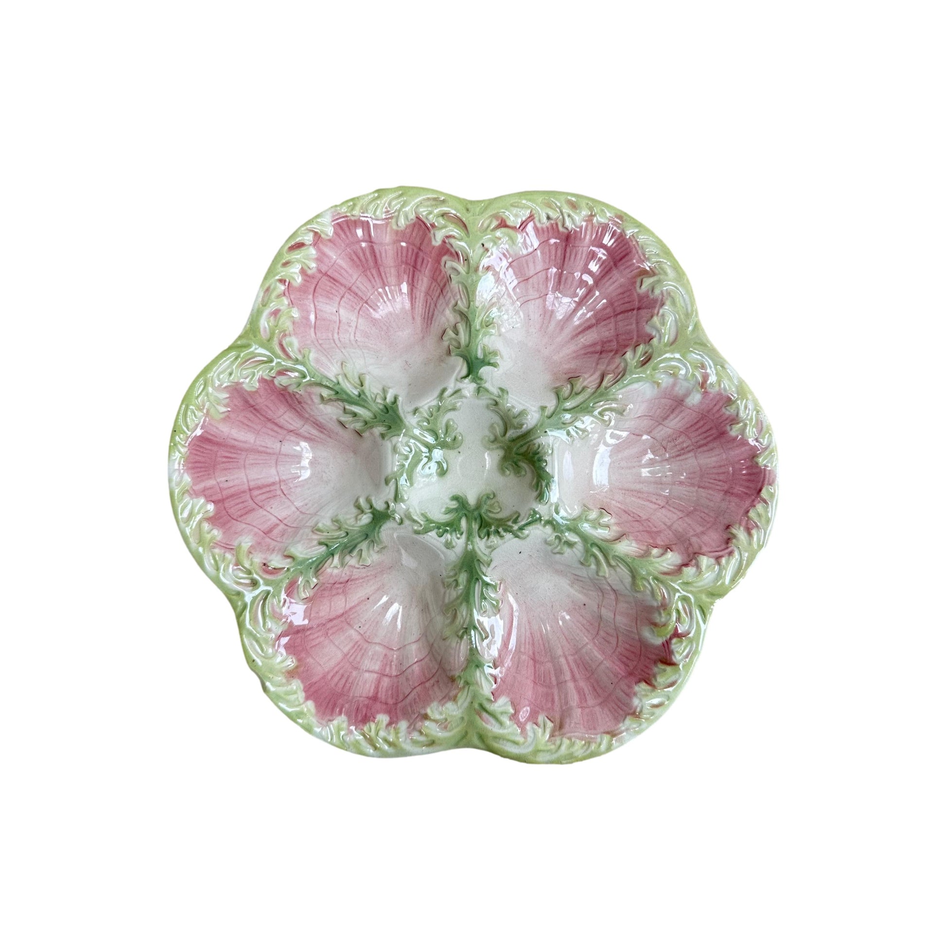Majolica Oyster Plate Green Seaweed and Pink Shell Plate St Clement Keller Guerin