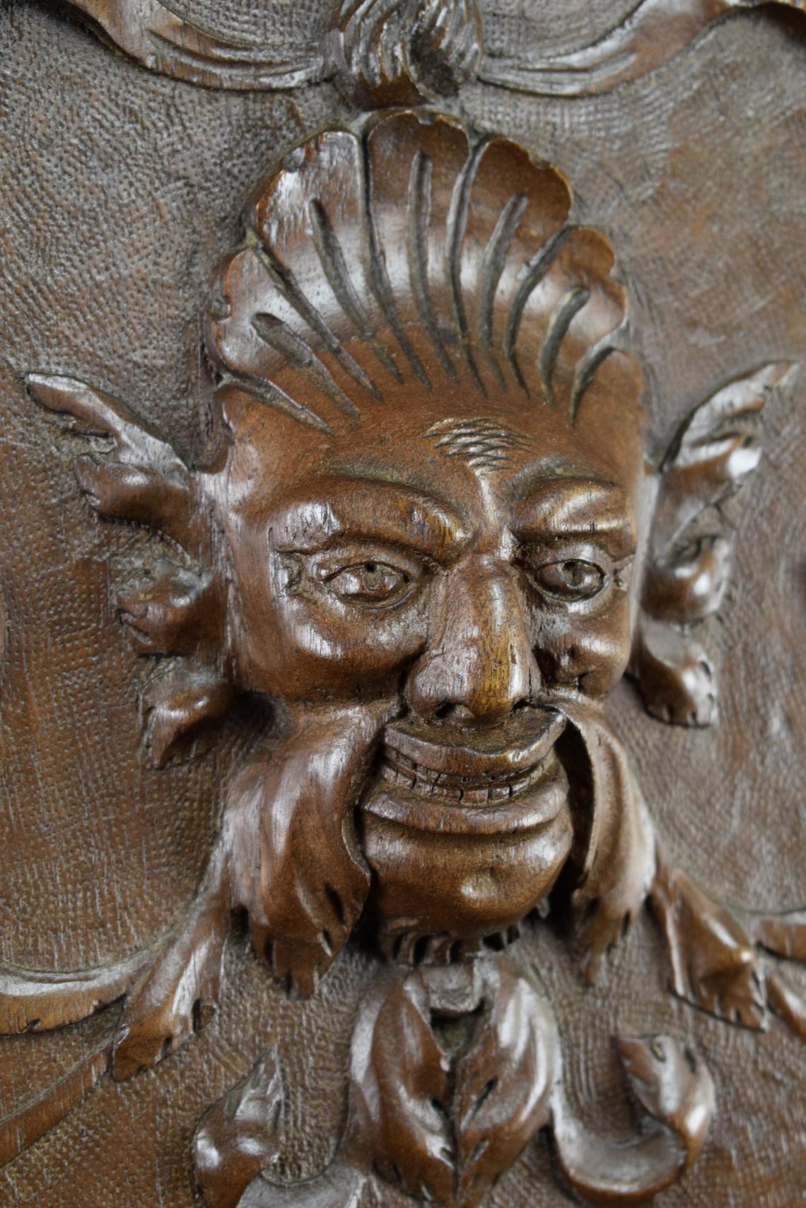 French Antique Hand Carved Wood Cupboard Chimera Head and Mascaron 19th