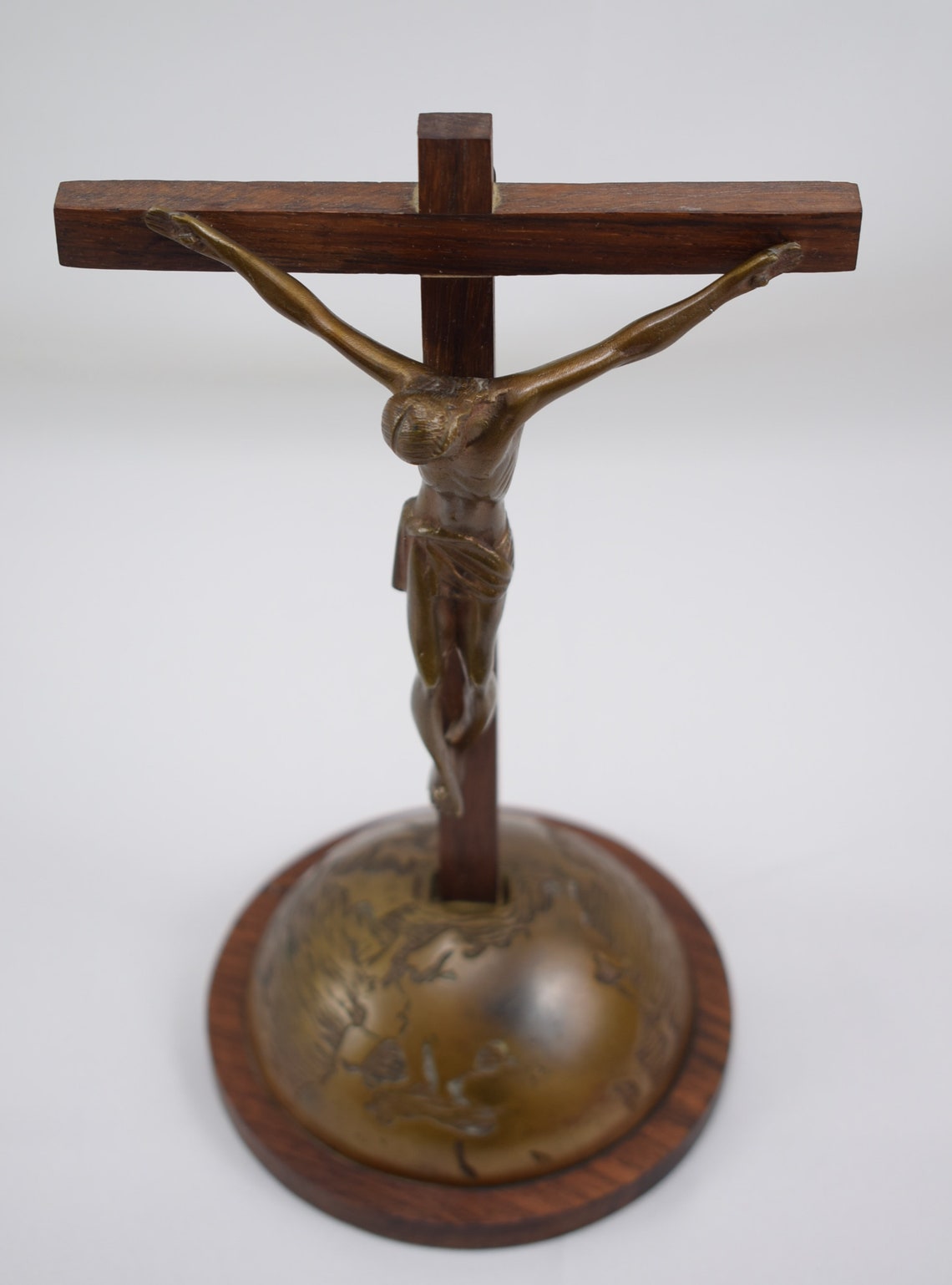 Mid Century Standing Crucifix Bronze Cross Jesus on the World