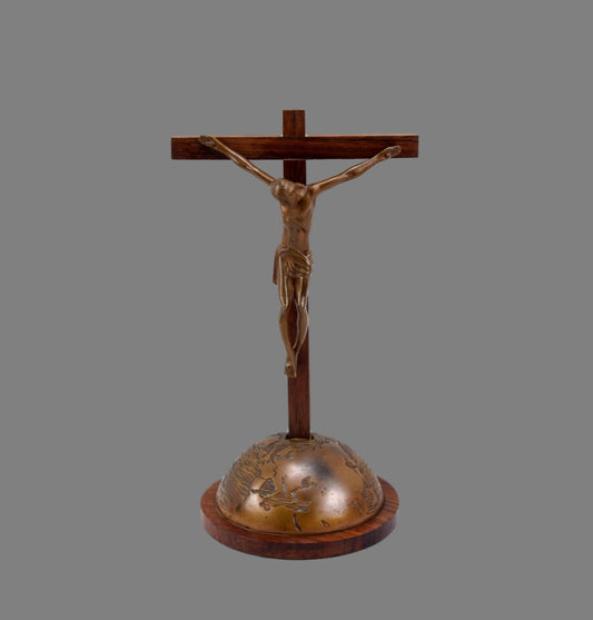 Mid Century Standing Crucifix Bronze Cross Jesus on the World