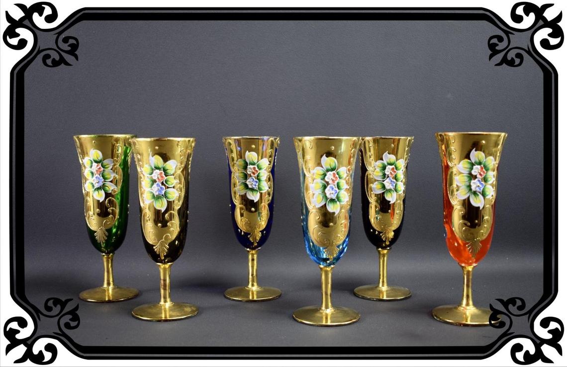 Set of 6 Vintage Murano Gold & Multicolored Venetian champagne glasses