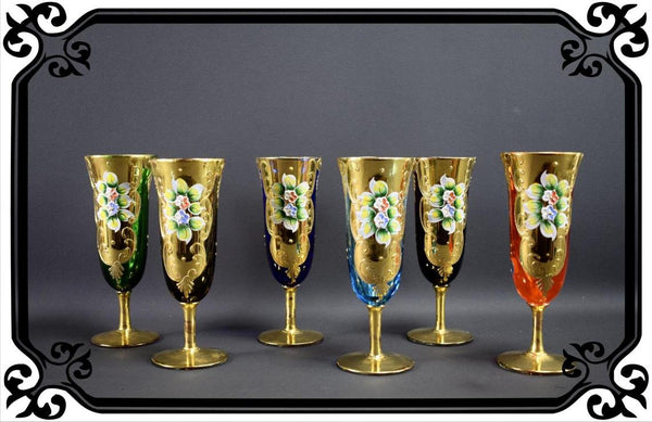 Set of 6 Vintage Murano Gold & Multicolored Venetian champagne glasses