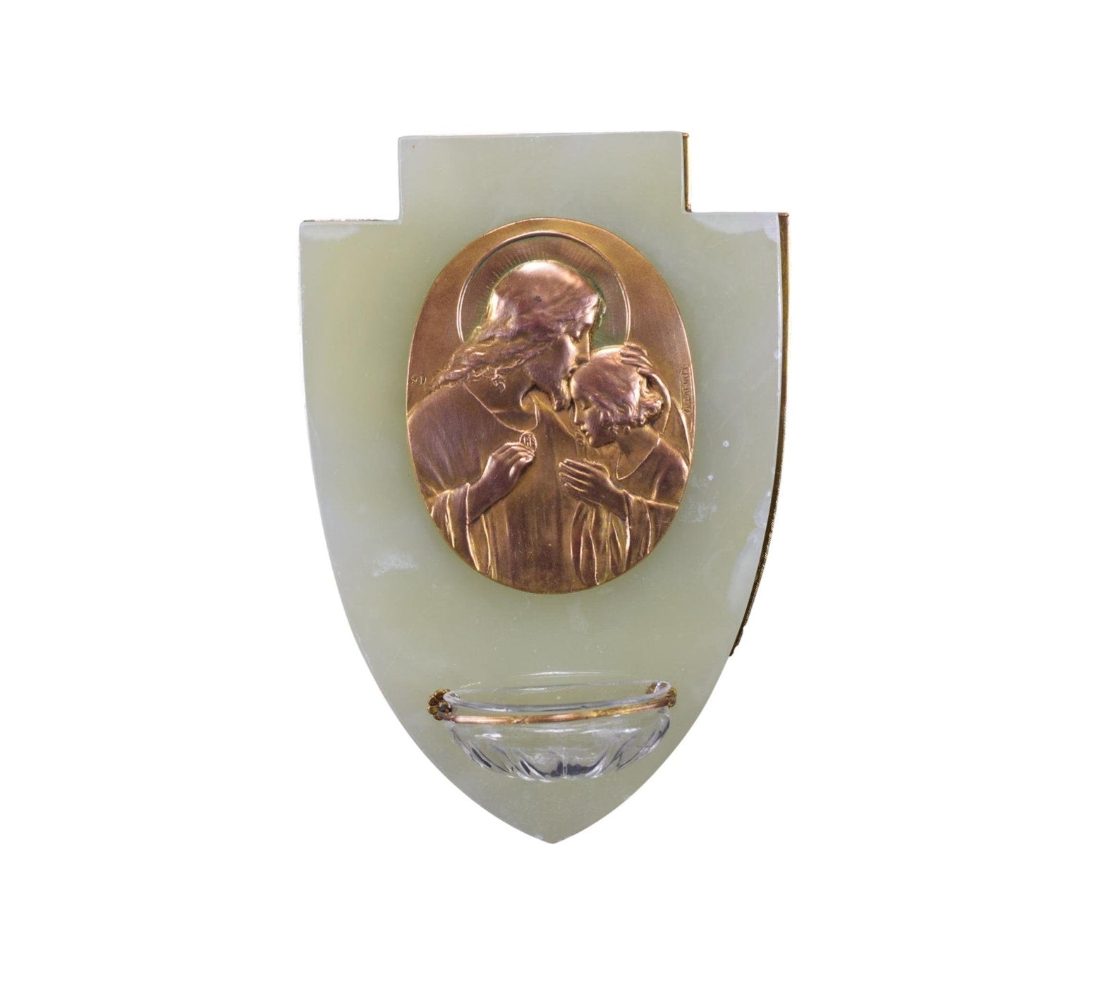 Art Deco Communion Holy Water Font, French Jesus Christ Religious Wall Hanging