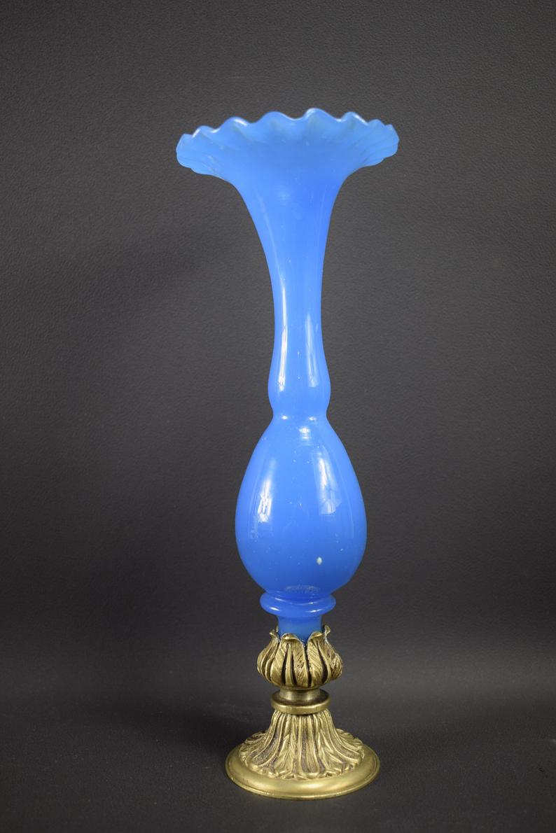 French Antique Blue Opaline Vase on Bronze Base - 19th