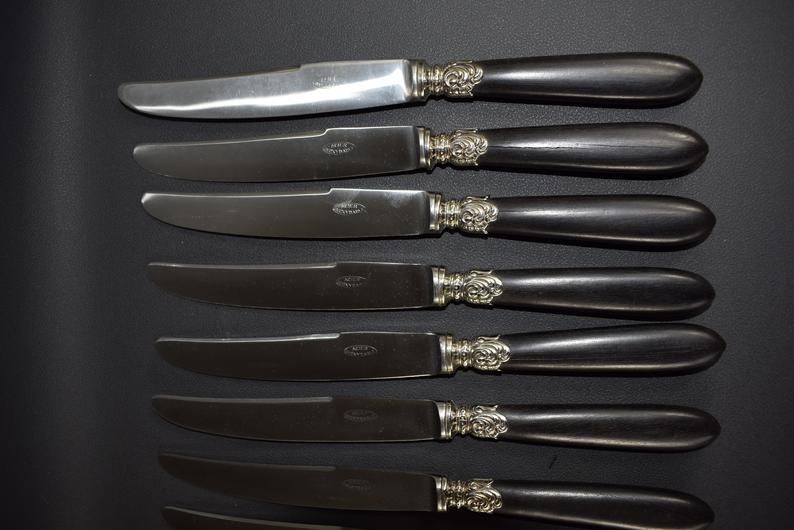 French Art Nouveau Set of 12 Silver Plated & Ebony Wood Knives Dinner