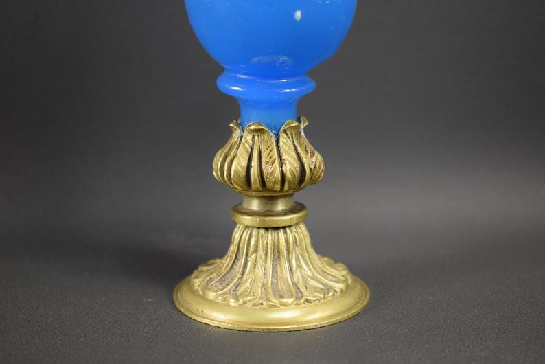 French Antique Blue Opaline Vase on Bronze Base - 19th