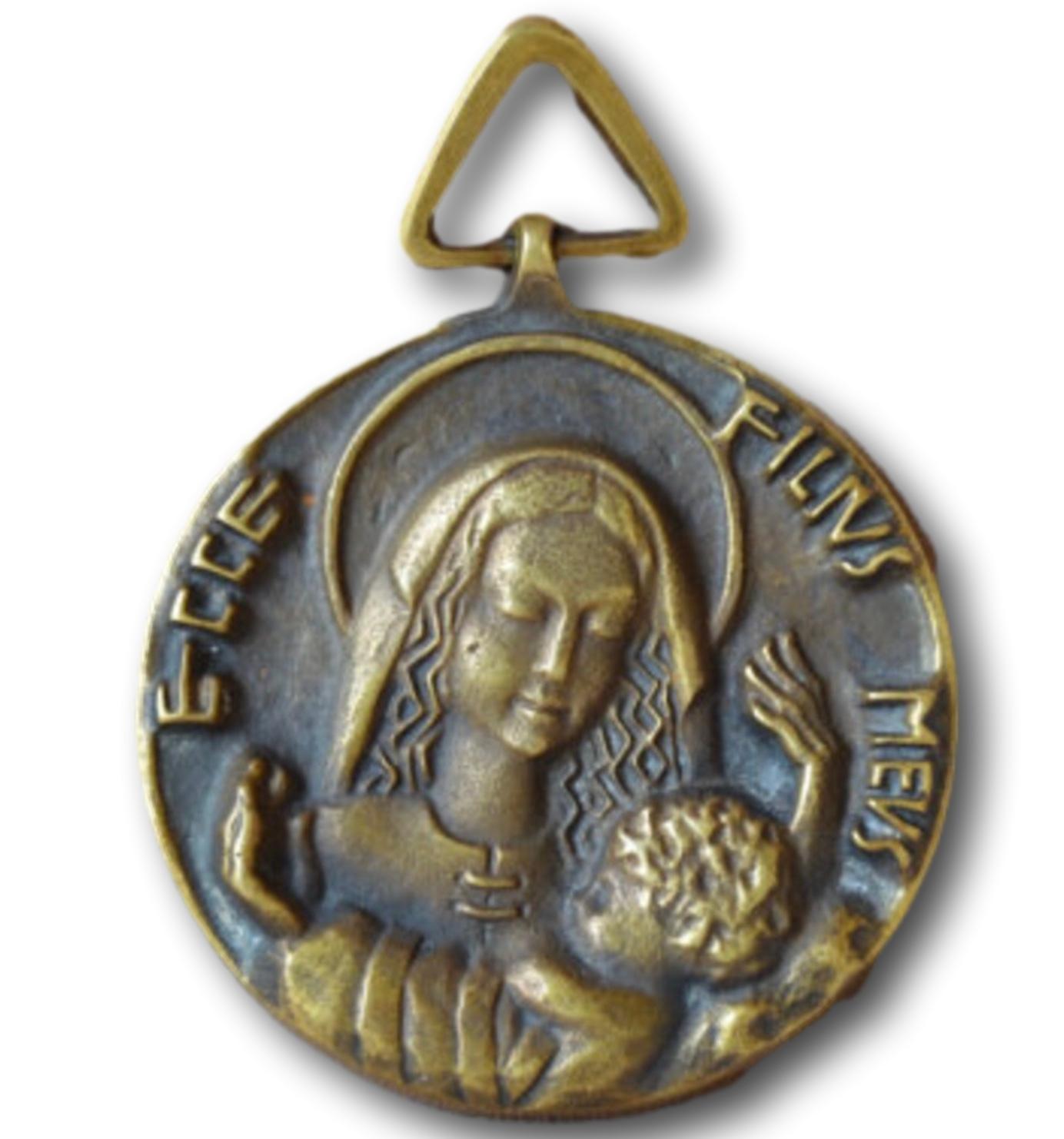 French Elie Pellegrin Large Bronze Baby Crib Cradle Medal Pendant - Virgin Mary Madonna Child Jesus Chrst Baby - Rare Religious Medallion