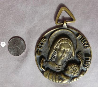 French Elie Pellegrin Large Bronze Baby Crib Cradle Medal Pendant - Virgin Mary Madonna Child Jesus Chrst Baby - Rare Religious Medallion