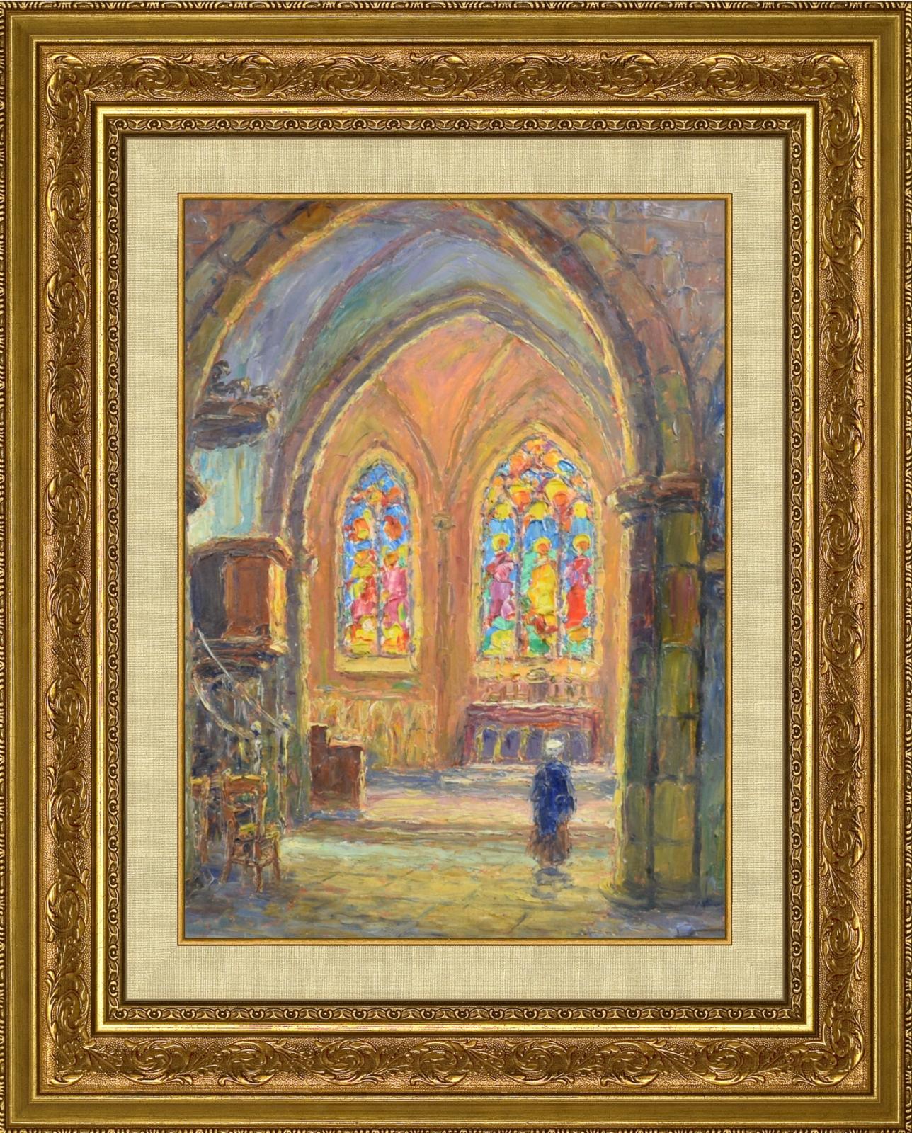 Victor Louis Cuguen, French Antique Oil on Panel Painting Religious Chapel Church