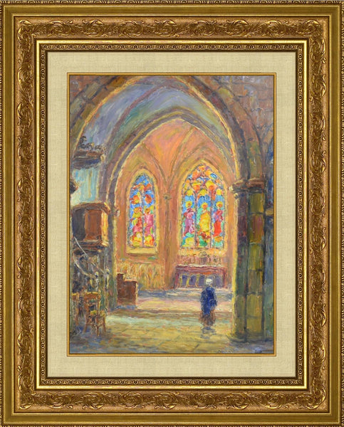 Victor Louis Cuguen, French Antique Oil on Panel Painting Religious Chapel Church