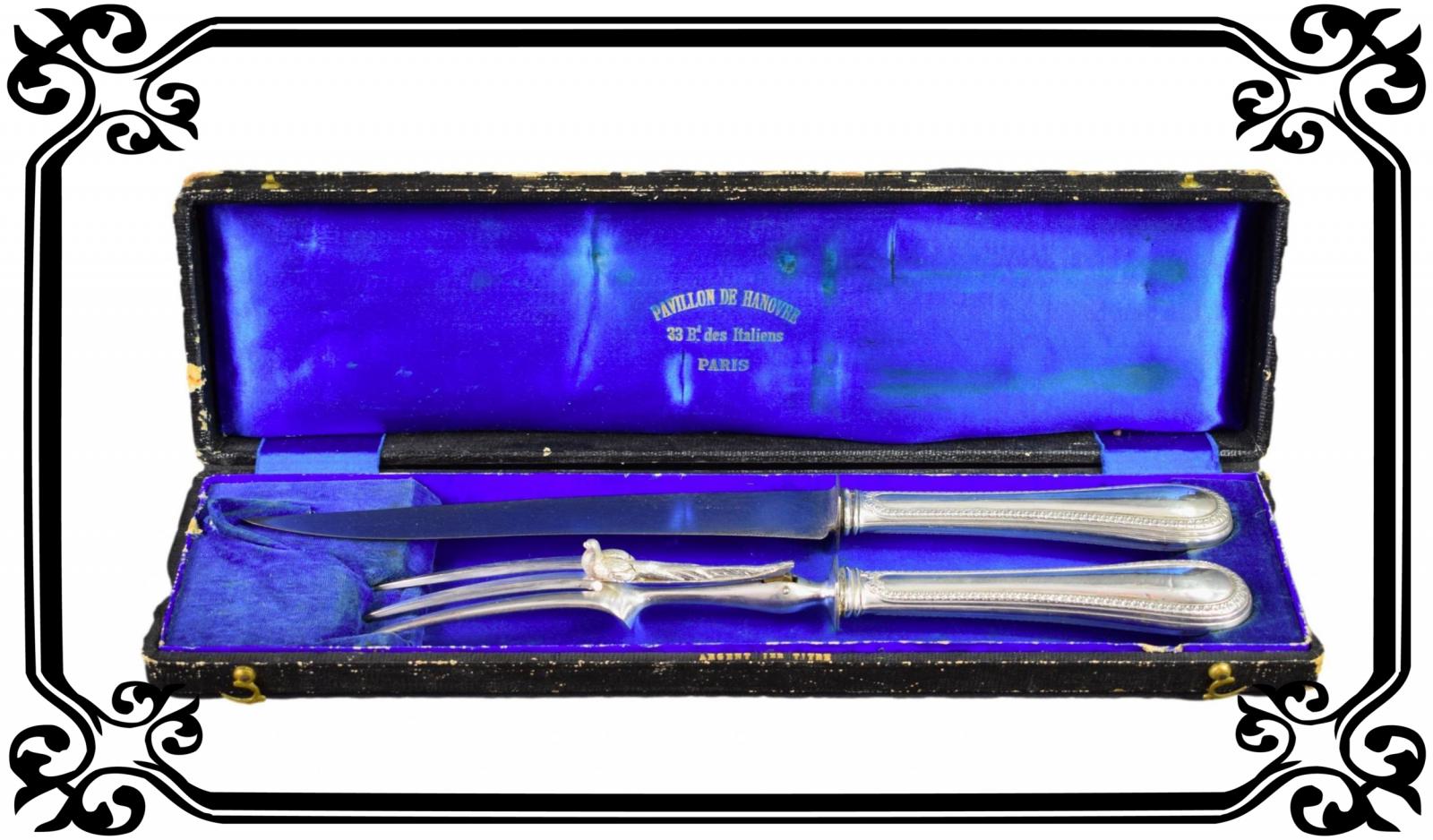 Vintage French 2pc Solid silver Carving Knife Set Minerva Hallmark 19th 