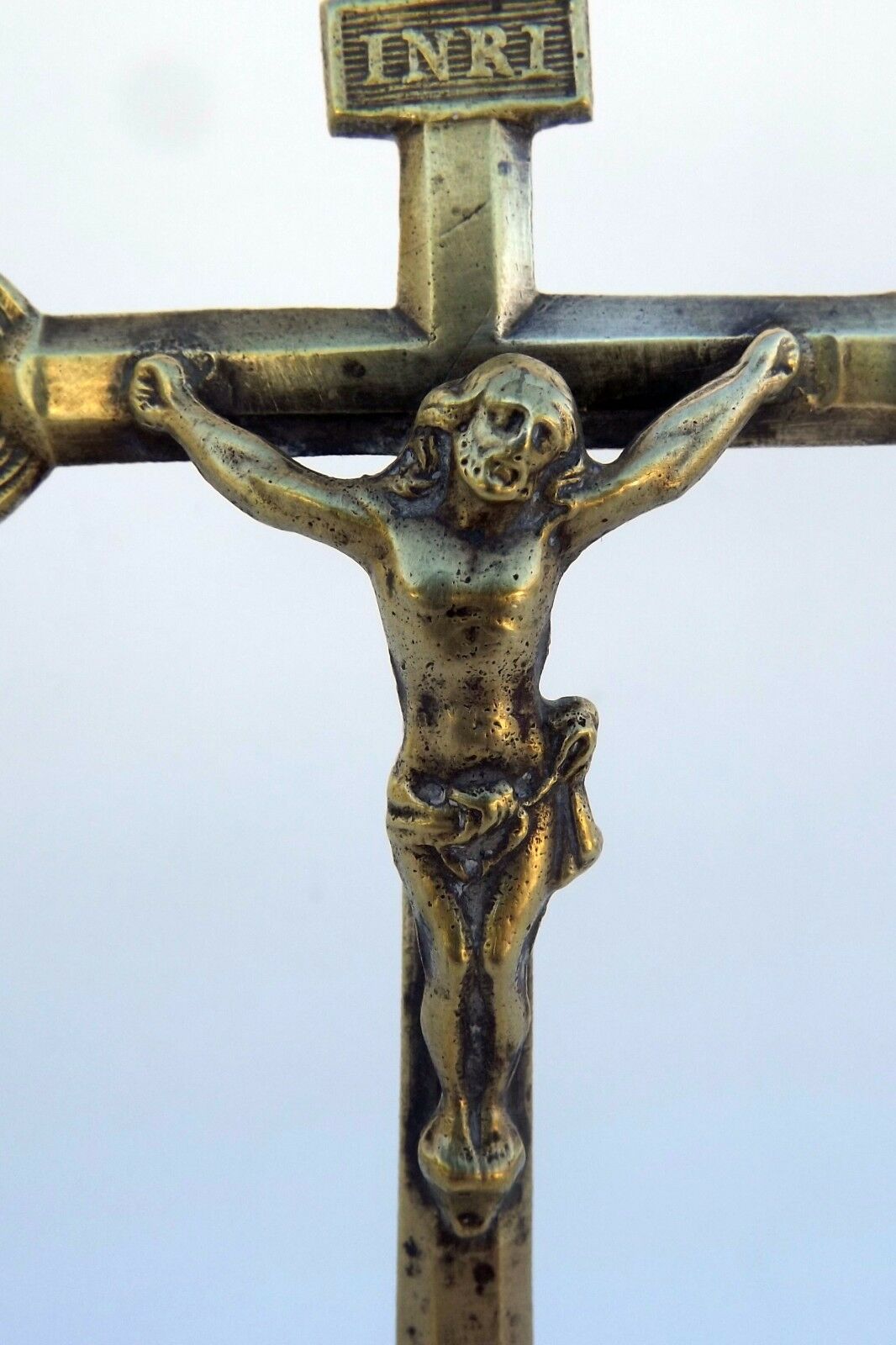 French Antique 18th.c Bronze Christ Crucifix Standing Cross Souvenir of Mission