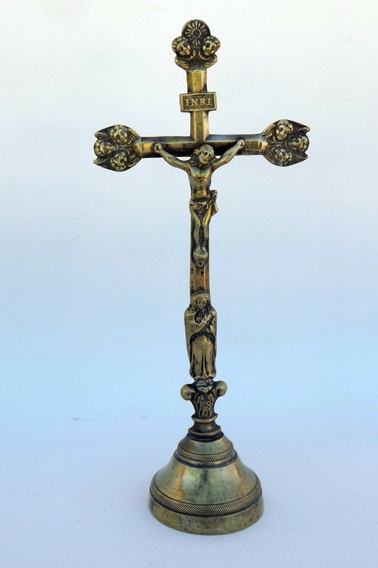 Français Antique 18ème.C Bronze Christ Crucifix Croix Debout Souvenir de Mission