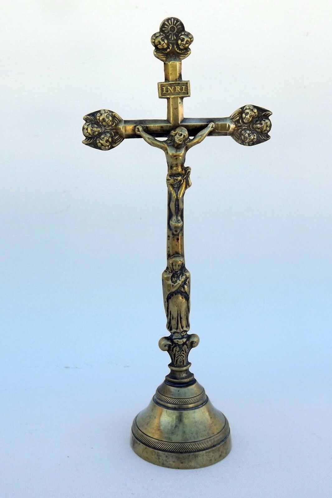 French Antique 18th.c Bronze Christ Crucifix Standing Cross Souvenir of Mission